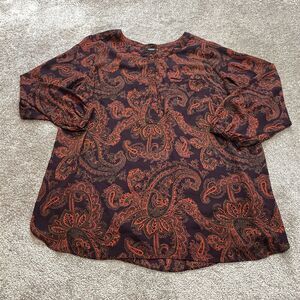 Premise Studio Blouse Shirt Womens 2X Purple Red Paisley Long Sleeve Button Up